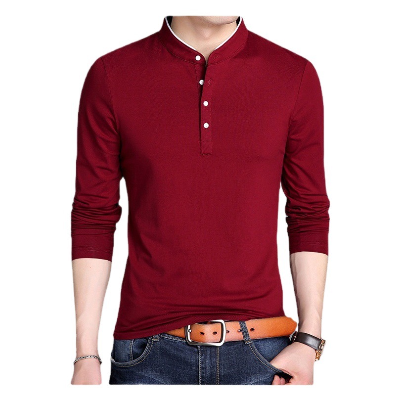 Los hombres de manga larga Camiseta personalizada cuello camisa de fondo de la primavera de color sólido coreano slim fit camiseta de los hombres de moda de comercio exterior