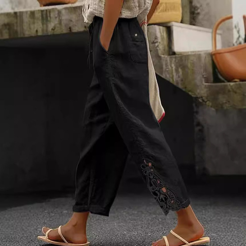 Autumn lightweight casual pants Amazon fashion lace patchwork design high-waisted drawstring pocket rivet button cropped pants