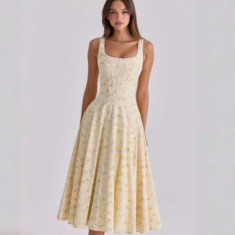house's same style French romantic pastoral lemon yellow cotton printed lace-up waist midi dress for summer house's same style French romantic pastoral lemon yellow cotton printed lace-up waist midi dress for summer