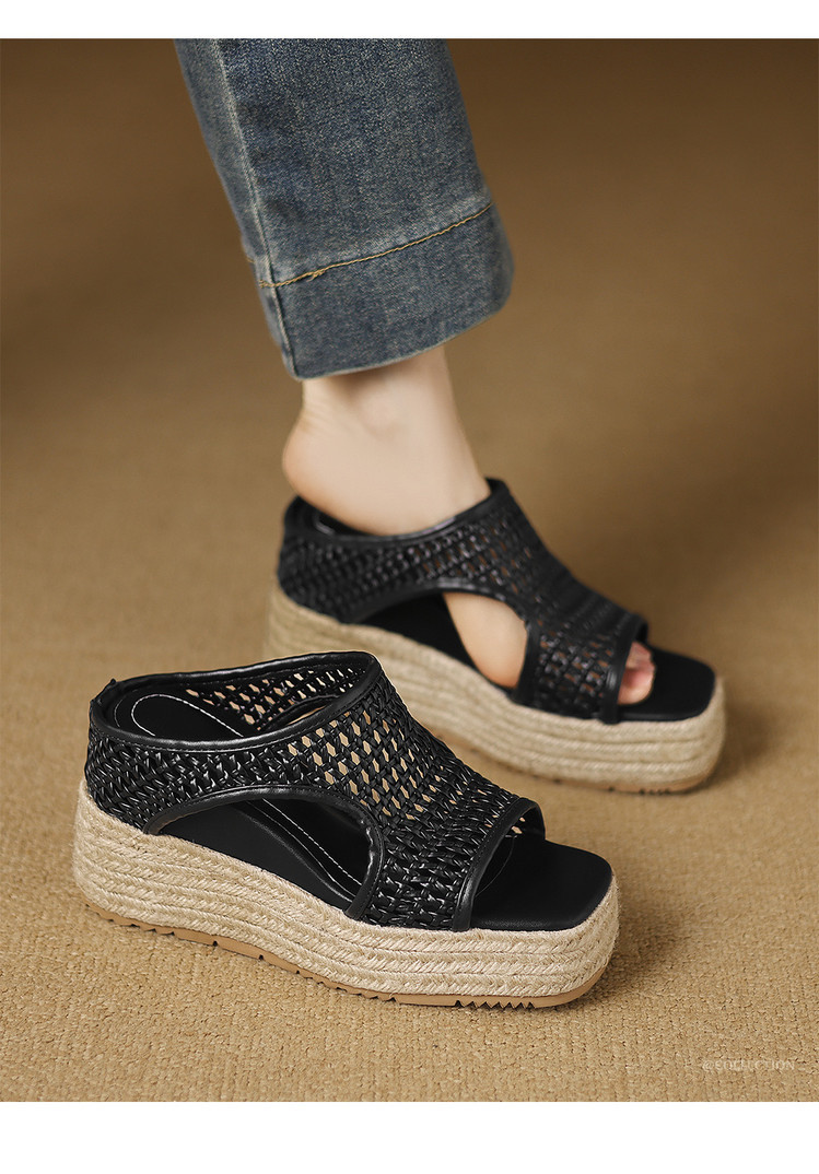 Dép sandal nữ đế dày miệng cá rỗng phong cách mùa hè, đế tăng chiều cao dây gai dầu — đen, trắng chi tiết 2