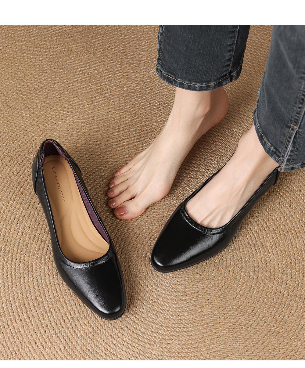 Giày da bò gót thấp 3,5 cm mũi tròn gót vuông miệng nông cho nữ — Màu đen chi tiết 12