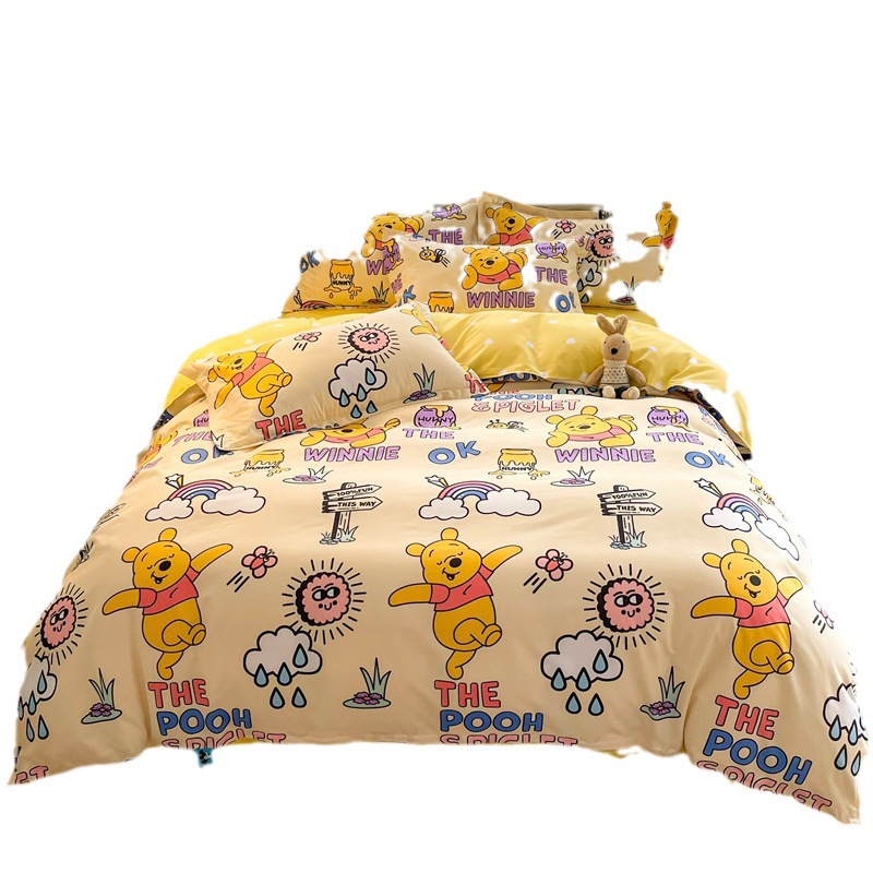 Disnie Cartoon Juego de cuatro piezas Dormitorio de estudiantes Juego de sábanas de tres piezas Dormitorio individual y doble Juego de cuatro piezas de algodón lavado