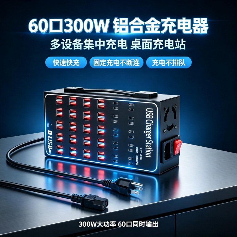 60-port 300W aluminum alloy multi-port charger, a centralized charging station for multiple devices, suitable for charging smartphones and tablets 60-port 300W aluminum alloy multi-port charger, a centralized charging station for multiple devices, suitable for charging smartphones and tablets