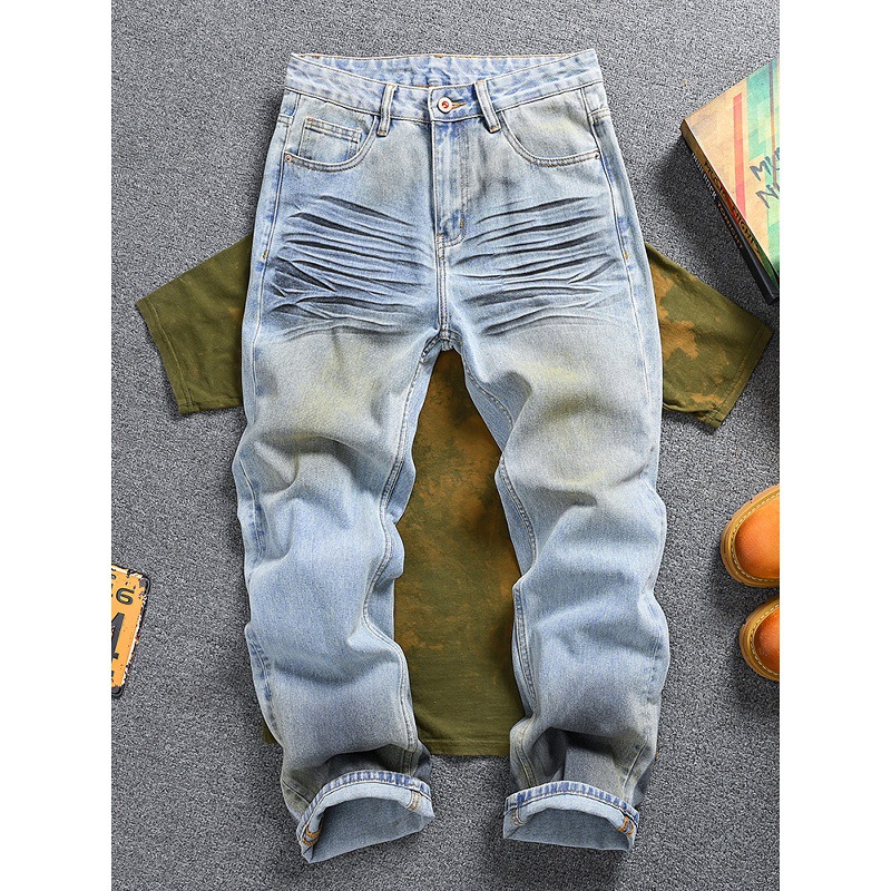 Men's Vintage Washed Jeans - Relaxed Straight-Leg High Street Denim Pants With Wave Crease Design, Light Blue_mkmklike.com