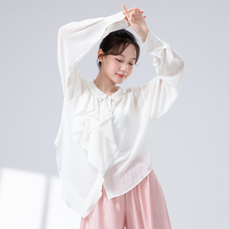 女性用モダンダンス服、新しいパールシフォンラペル長袖シャツ、日焼け止めシャツ、エレガントな練習服|undefined