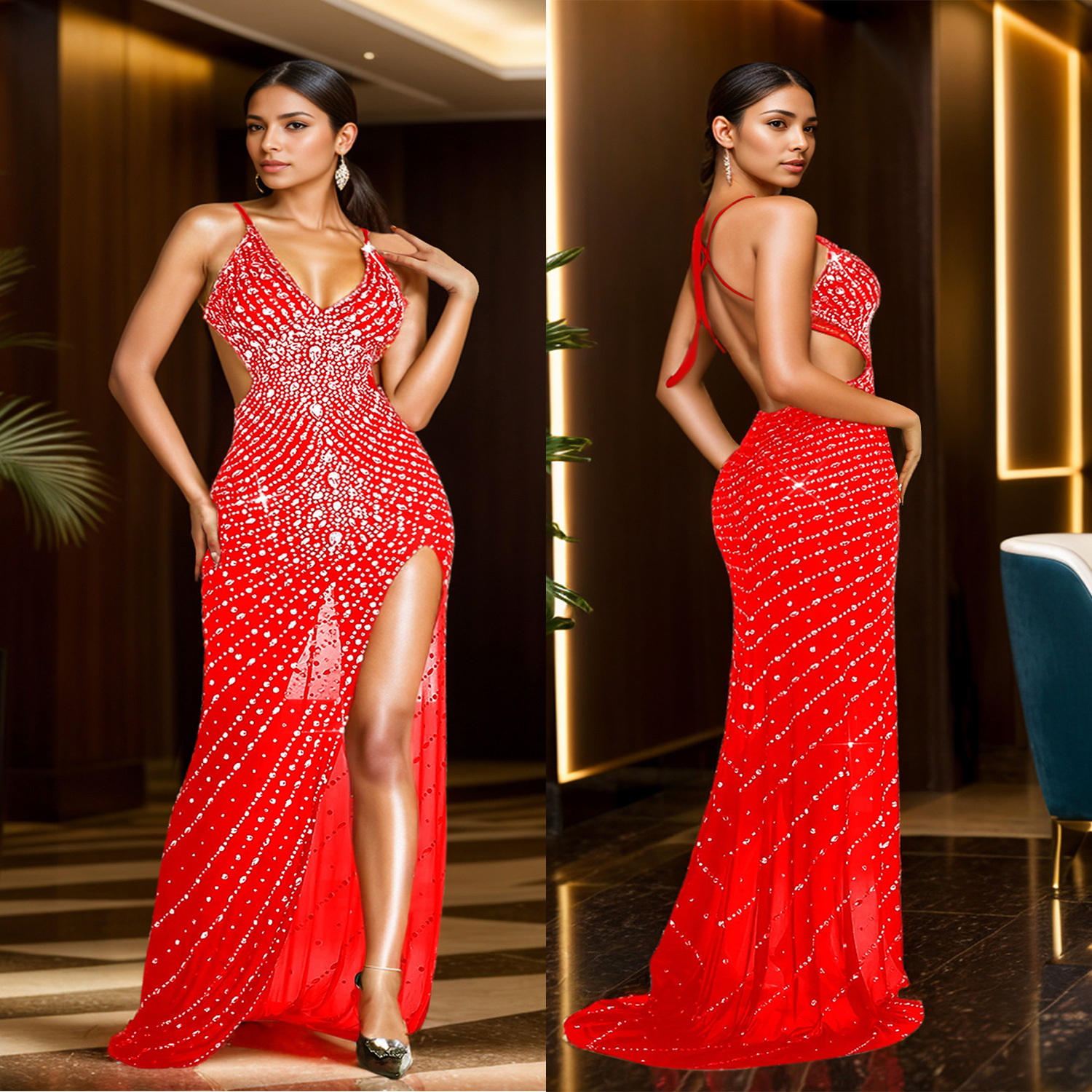 C7023 AliExpress transfronterizo Amazon estación independiente de moda europea y americana ropa de mujer caliente diamante V-collar vestido sin mangas vestido largo