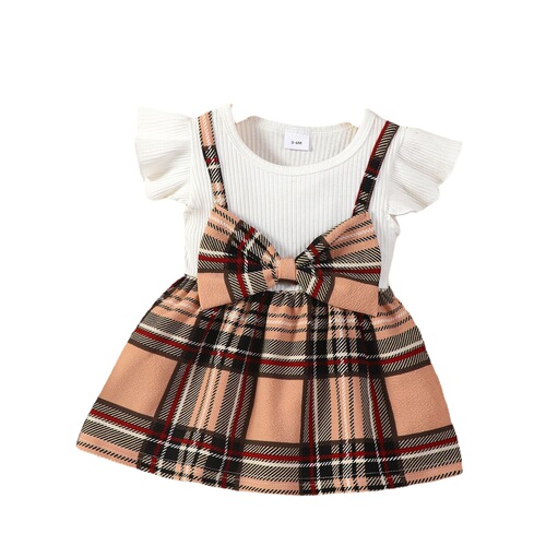 Cross-border Instagram baby girl sleeveless patchwork gingham bow two-piece short-sleeve stylish dress trendy
