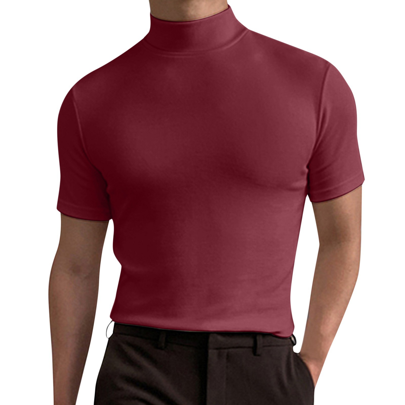 2024 Herbst und Winter Hoher Kragen Kurzarm T-Shirt Herren Unterlage Einfarbig Top_voghion.com