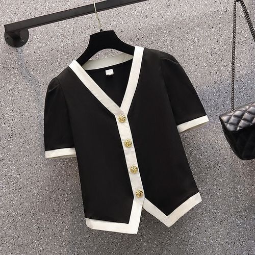 Black and White Striped Short Sleeve Women's Summer Fat Design Sense Loose Casual Chiffon Shirt Little Black Dress Style Shirt