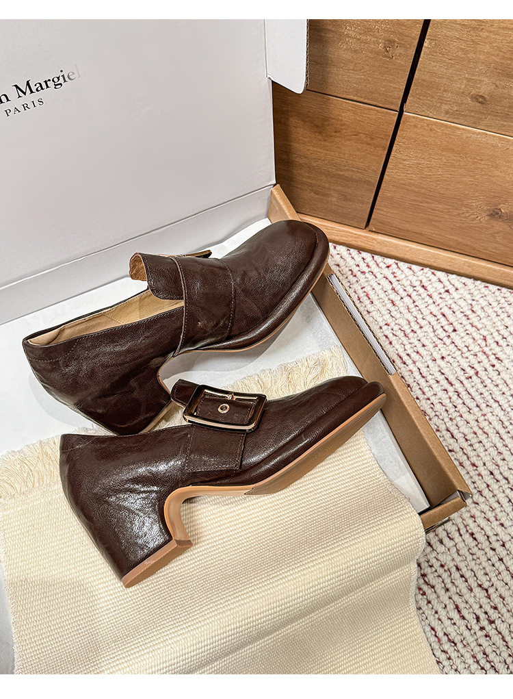 Giày cao gót nữ loafer da cừu gót vuông 7 cm — màu nâu chi tiết 10