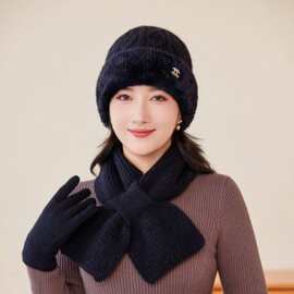 三件套简约时尚毛线帽秋冬款经典户外防寒防风加绒保暖加厚女批发