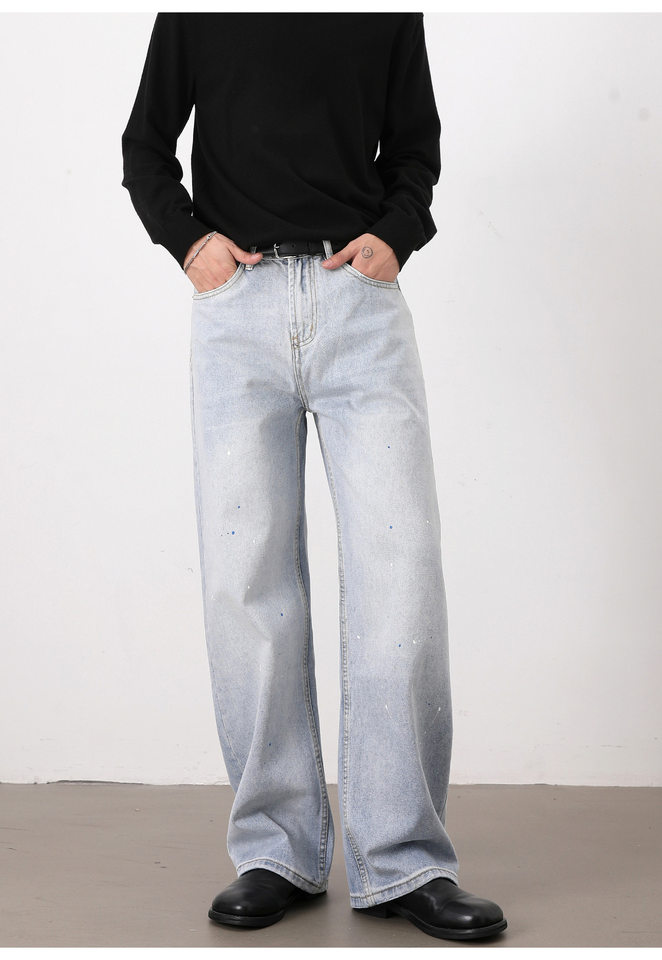 Quần jeans nam ống rộng dáng suông giặt mài họa tiết vẩy mực — Màu xanh dương chi tiết 13