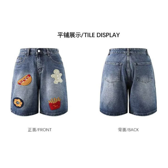 American Retro Cartoon Towel Embroidered Denim Shorts Men's Summer Casual Versatile Loose Straight Wide-Leg Knee-Length Shorts