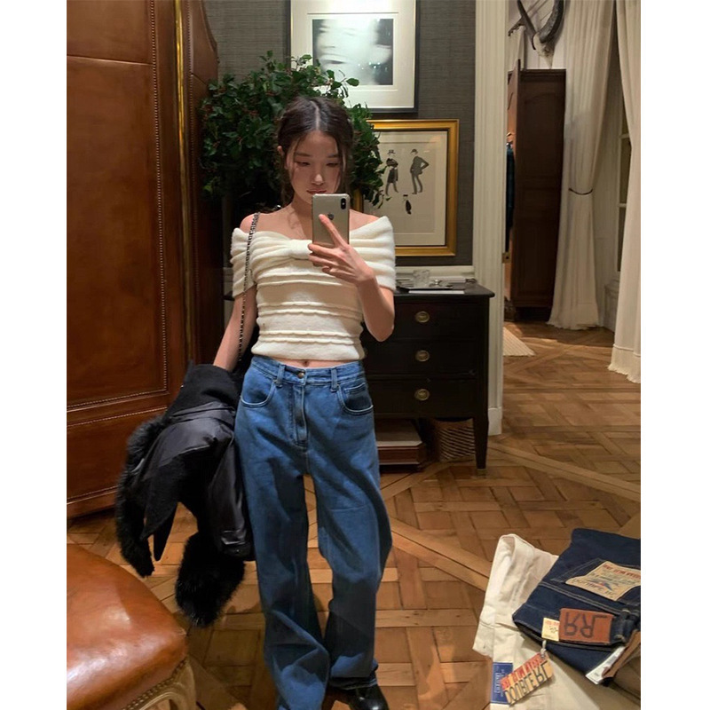 In Stock~ Korean Dongdaemun Blogger Style High-Waisted Straight-Leg Slimming Blue Jeans for Women