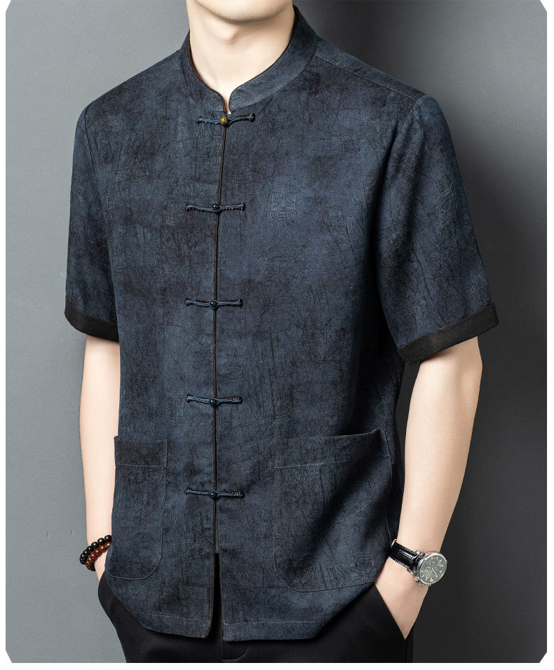 Áo thun nam tay ngắn lụa tơ tằm phong cách Trung Hoa cổ điển, chất liệu Mulberry Silk cao cấp — màu xanh da trời26201 chi tiết 10