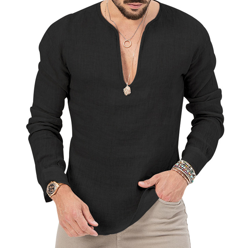 T-shirt homme casual coton lin col en v coupe oversized_voghion.com