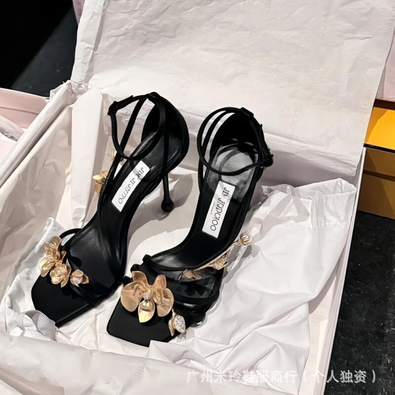 Jc Flower High Heeled Sandals Women's 2024 Silk Gold Flower Black One-word Strap High Heeled Square-toe Thin Heeled Sandals