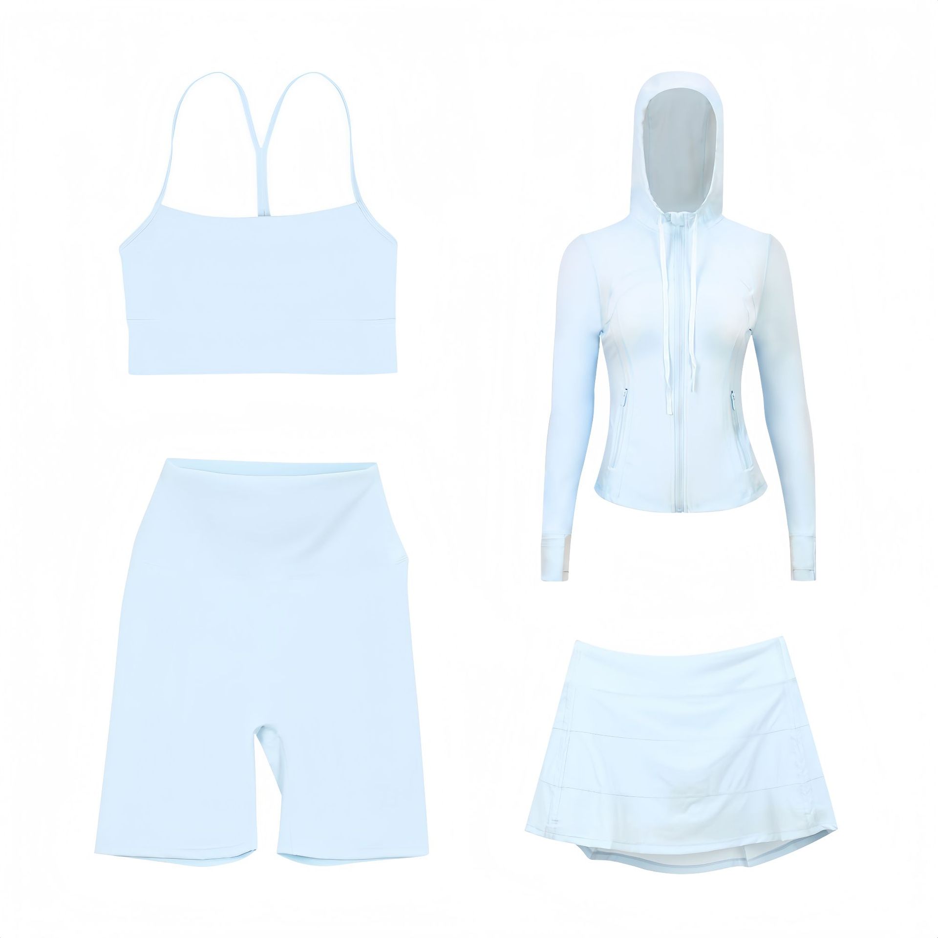 Women's Clothing Women's Y Shaped Vest Hooded Jacket Five Point Pants Three Pleated Skirt Slim Fit Stretch Outerwear Four Piece Set_voghion.com
