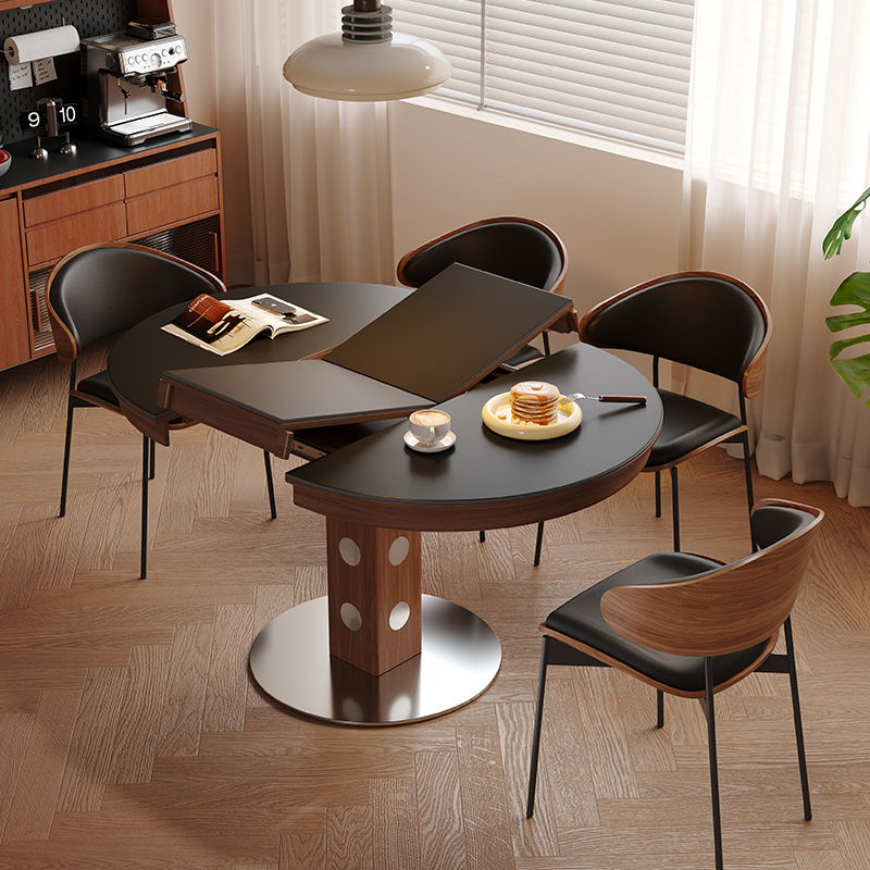 Solid Wood Mid-Century Style Slate Dining Table Small Apartment Household Folding Dining Table Simple Telescopic Oval Solid Wood Telescopic Function