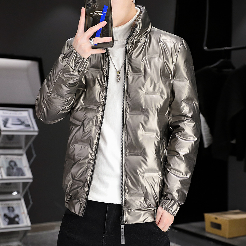 Trajes de invierno transfronterizos chaqueta de plumón de cara brillante hombre corto cuello vertical otoño y invierno grueso chaqueta caliente de tendencia de arroz blanco