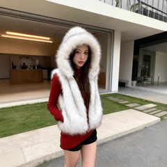 毛绒2025仿狐狸毛马甲连帽拉链外套女冬季皮草坎肩女上衣高级感
