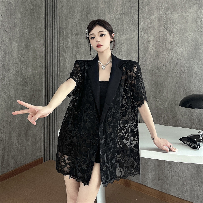 Real Shot of High-End Embroidered Mesh Splicing Shoulder Pad Suit Summer Hollow Air Quality Slim Suit Jacket