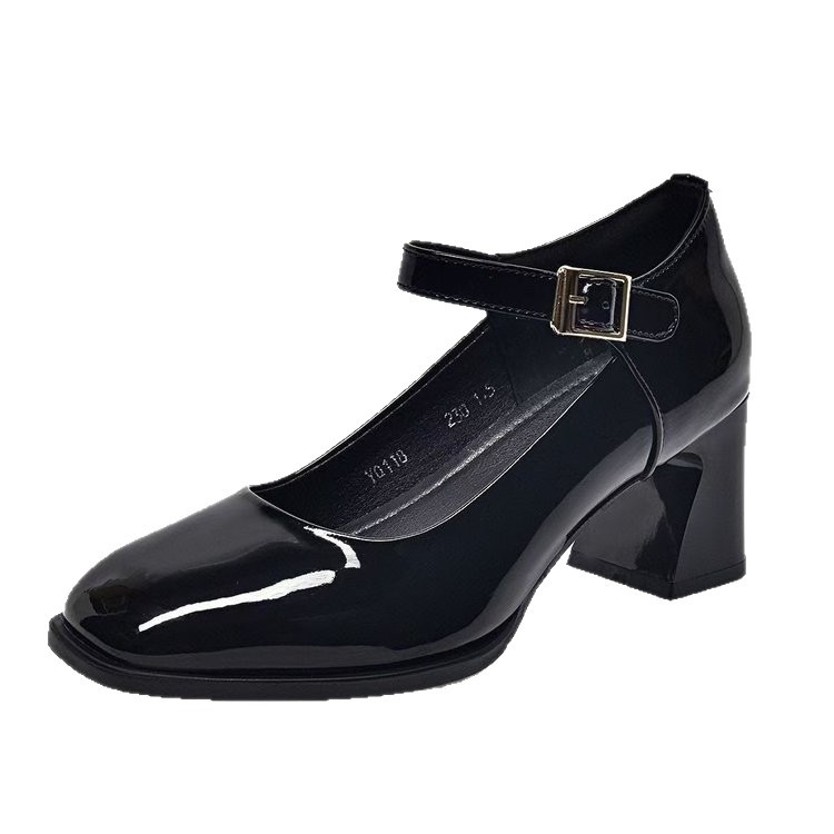 2026 nuevos zapatos de mujer primavera y verano nuevo botón de cabeza cuadrada damas zapatos de cuero de tacones gruesos zapatos de moda versátiles zapatos individuales