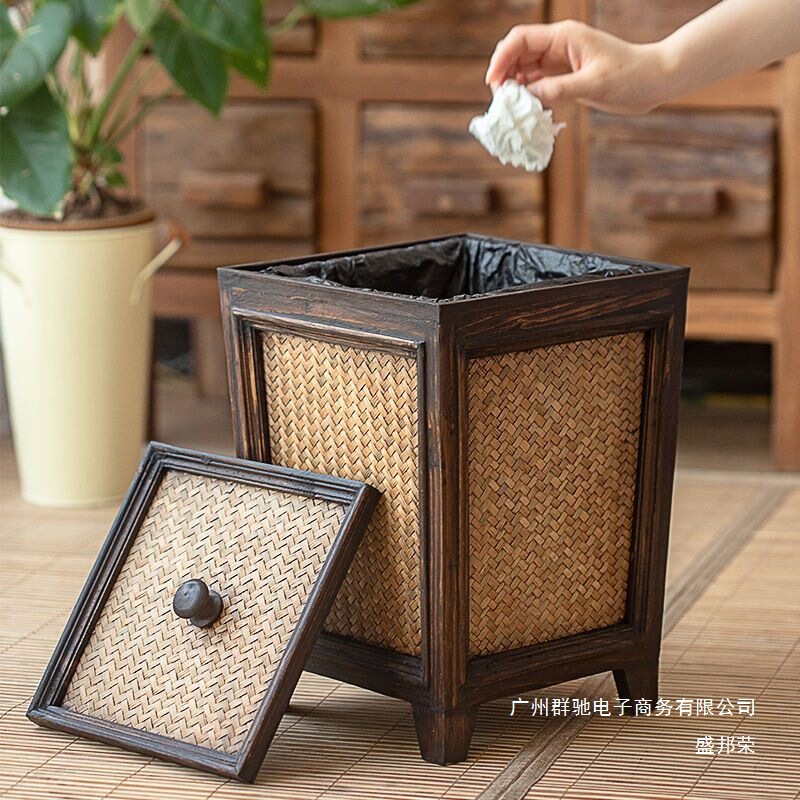 Factory Direct Sales Retro Antique Wooden Trash Can Solid Wood Rattan Living Room Tea Room Home Chinese Kitchen Trash Can