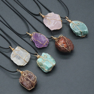 1414-yellow crystal raw stone silk pendant pink white amethyst fluorite Dongling Jade irregular stone necklace accessories