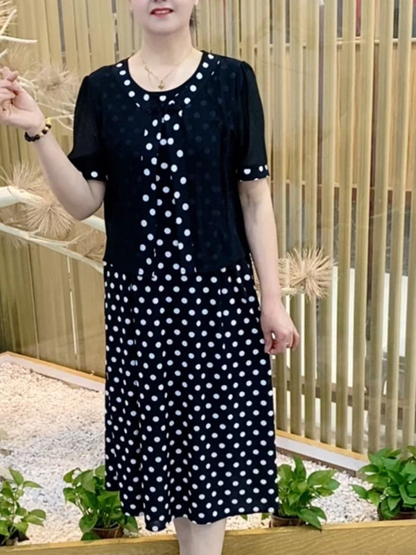 女性用フェイクツーピースドレス、夏用スリムロングスカート、大きいサイズ、中高年ママ、水玉半袖スカート、ミドル丈|undefined
