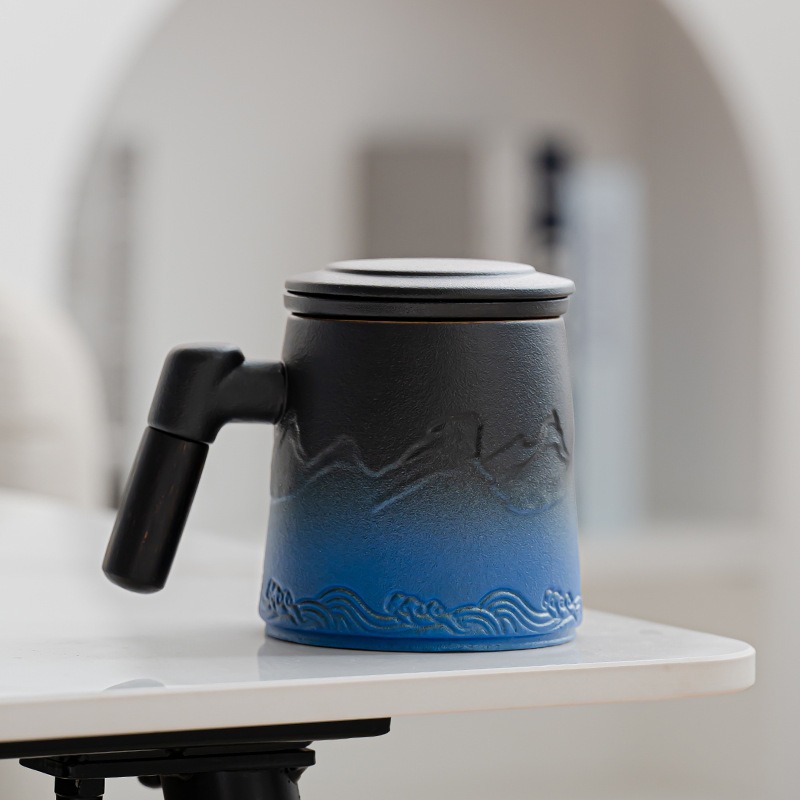 漸變陶瓷辦公馬克杯茶水分離帶蓋過濾茶杯商務公司伴禮品可LOGO