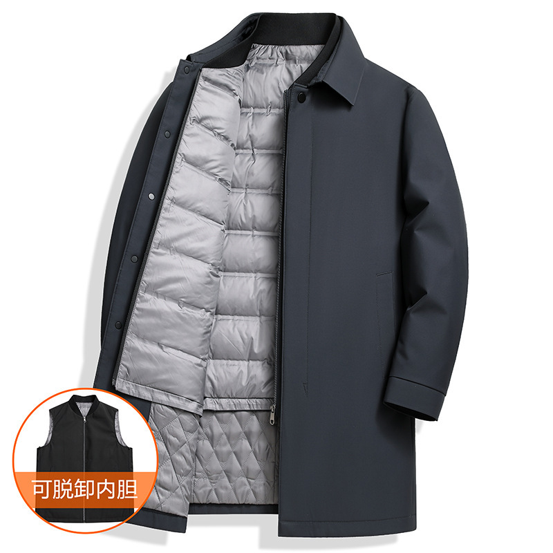 2025 Winter 90% White Duck down Men's Mid-Length Turn-Down Collar Casual Windbreaker down Jacket with Removable Liner Coat