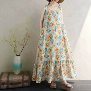 2026夏季新款宽松大码女装法式漂亮独特女海边度假风无袖连衣裙