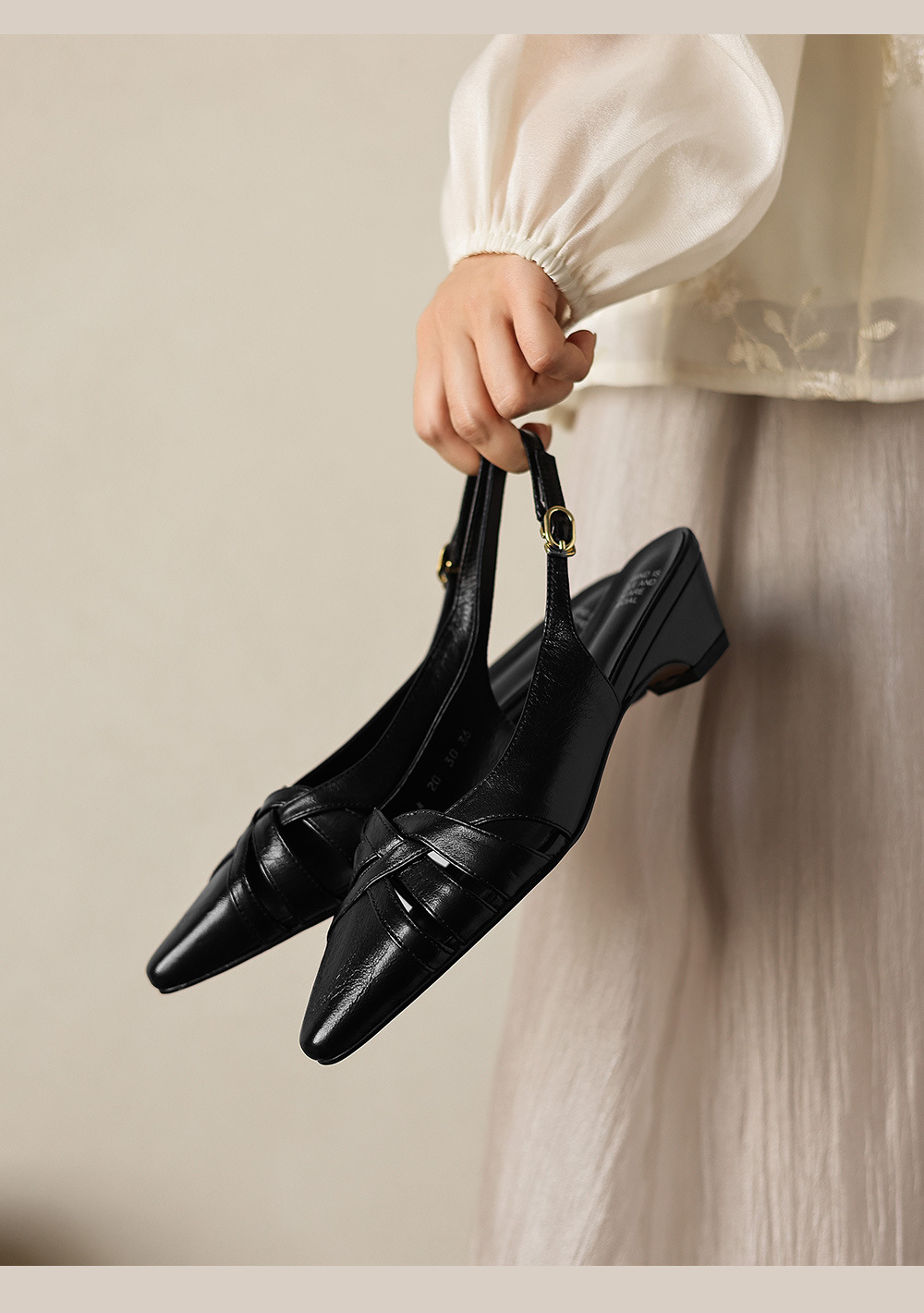 Sandal nữ da cừu gót dày 3 cm phong cách vintage dệt chéo hở mũi — đen chi tiết 13