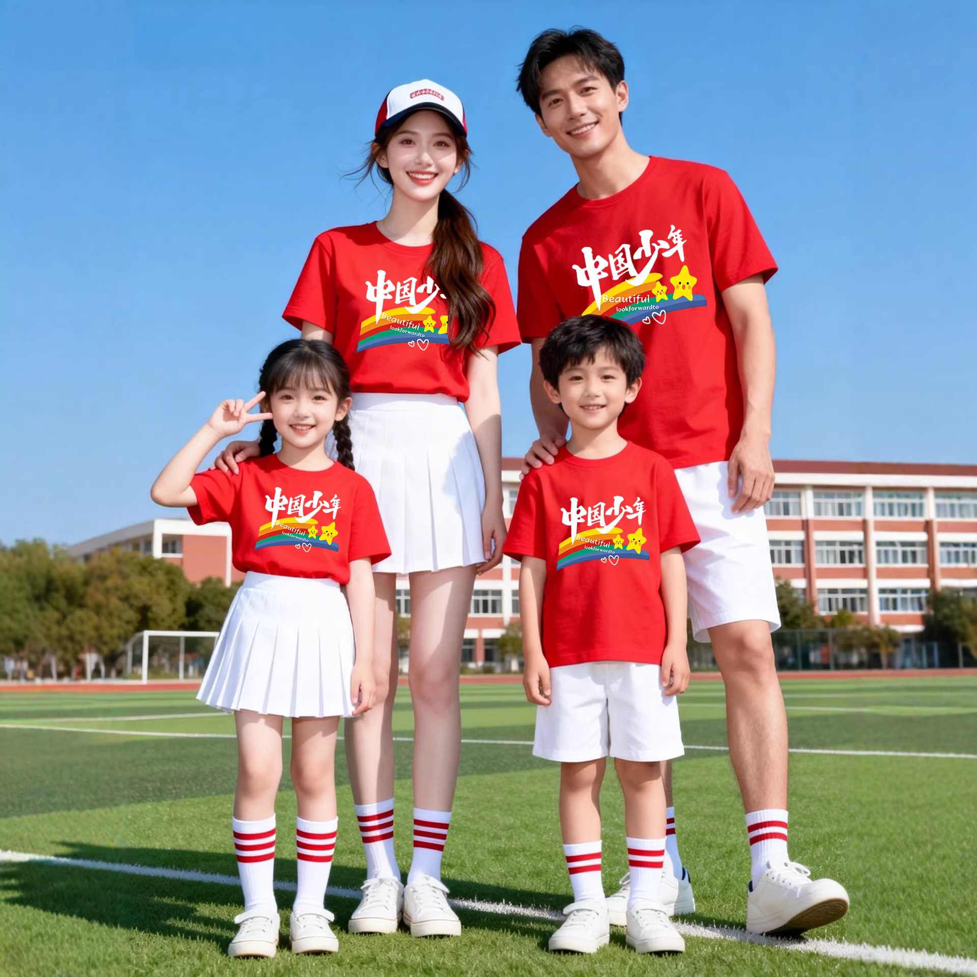 Chinese Children's Clothing Student School Celebration Event Tops Class Uniforms Parent-Child Outfits Round Neck Short-Sleeve T-Shirts Summer Performance Wear
