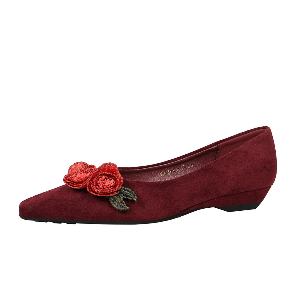3683-H85 Chinese Style Niche Shallow Mouth Single For Women Pointed Toe Suede Women's Wedge Flower Comfortable Low Heel_vogvips.com