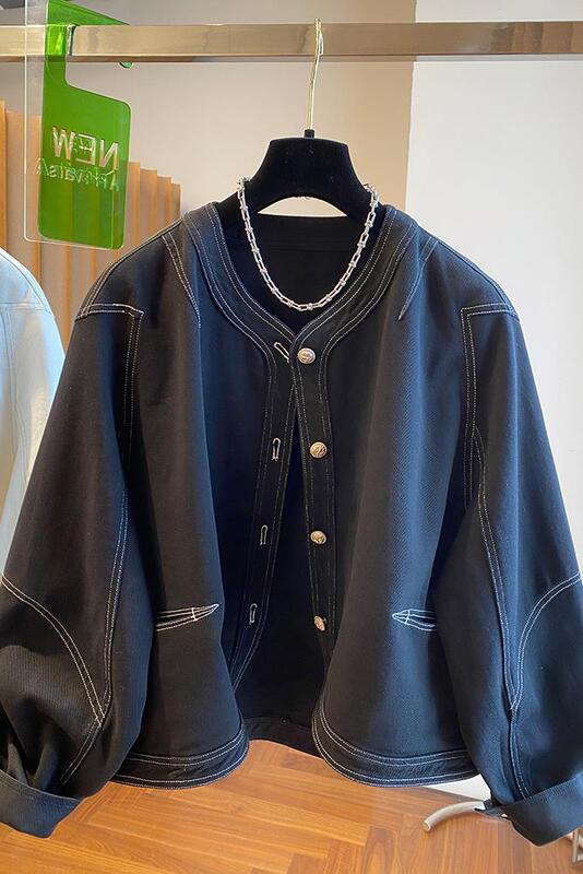 Black Denim Jacket for Women, Spring 2025 New Style, Loose Casual Collarless Thin Jacket Top