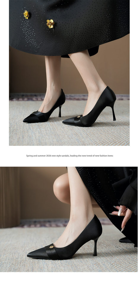 Giày cao gót nữ mũi nhọn gót mảnh chất liệu lụa satin, gót 6–8 cm — Màu nâu, Màu trắng ngà, màu đen chi tiết 10