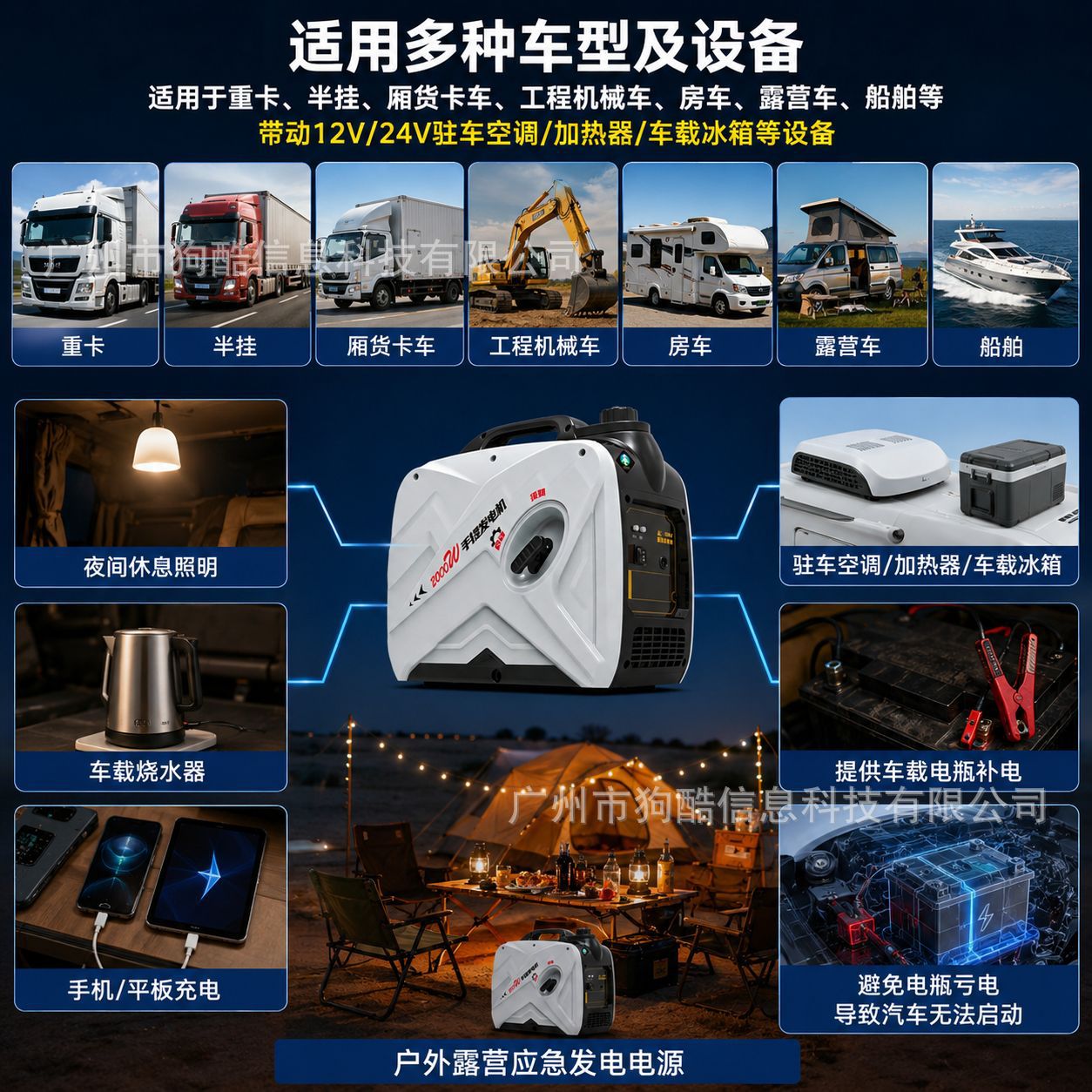 1800W variable frequency DC generator 12V/24V portable gasoline model for large trucks, parking, camping, and outdoor use