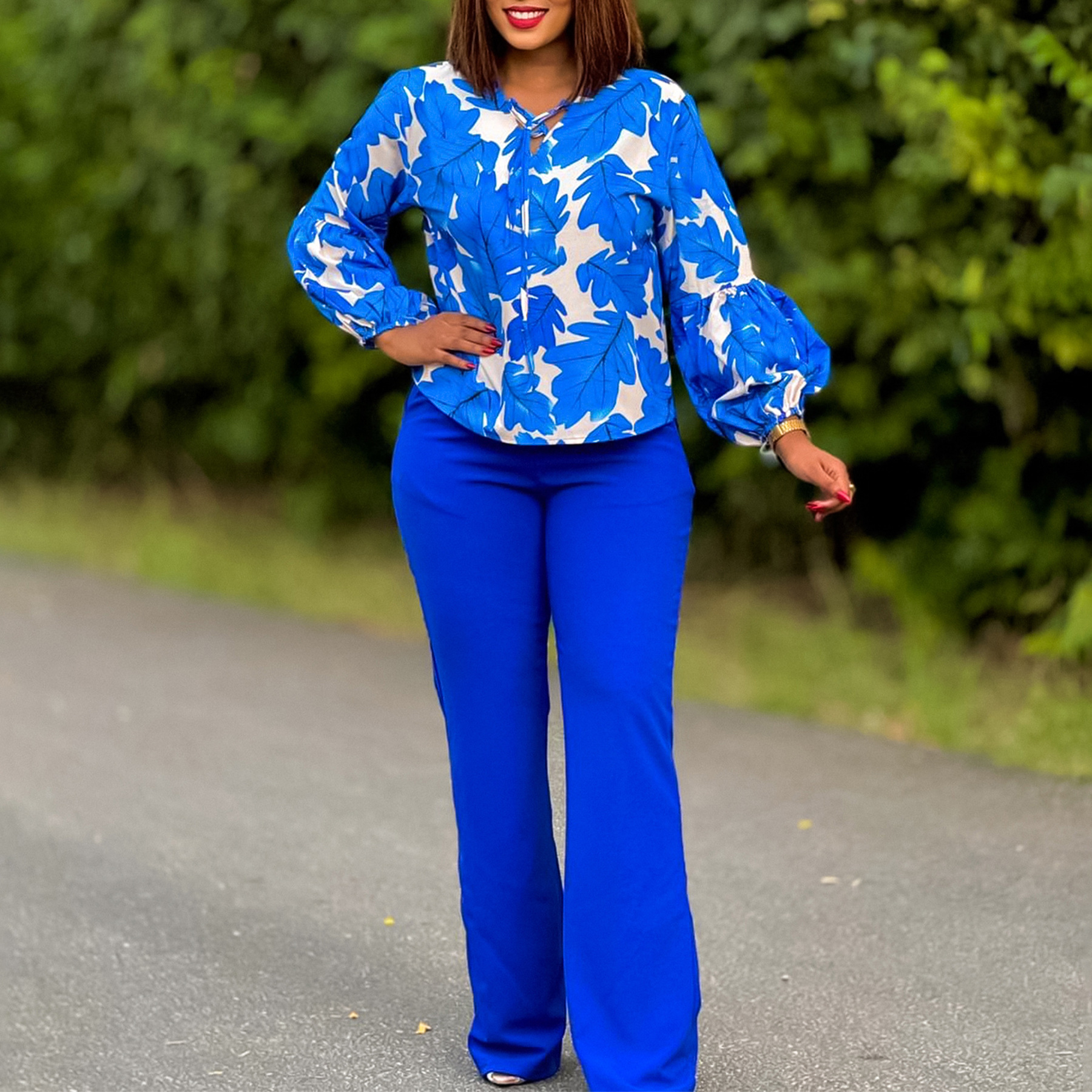 Women's Clothing D3289 women's clothing 2024 new OL fashion printed long sleeved tops wide leg pants two piece suit_voghion.com