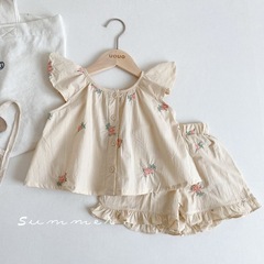 女の子子供服夏刺繍フライングスリーブベストショーツ子供ツーピーススーツ夏服小中型子供用ベビー女の子