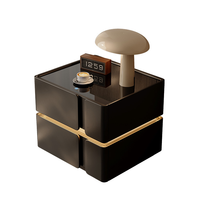 Mesita de noche negra 2025 estilo explosivo, lujo ligero, sentido de alta gama, sentido de diseño de dormitorio en casa, madera maciza de nicho con luz inteligente