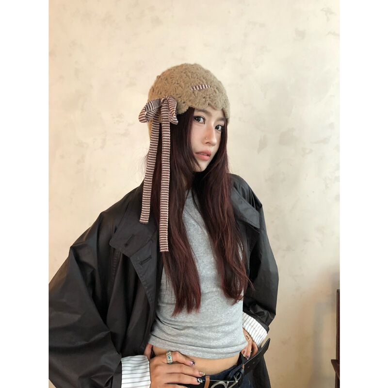 FFACC秋冬新款手工花朵镂空编织帽卡其色针织帽女显脸小包头帽|undefined