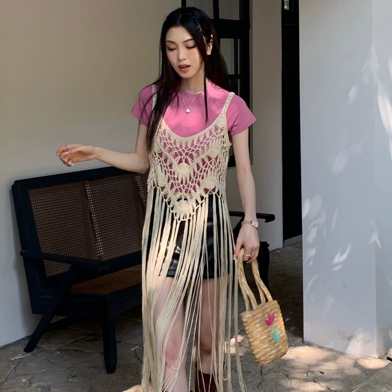 Летняя новая средняя длинная блузка без рукавов женская бахрома сплошной камзол жилет свободная богемная блузка