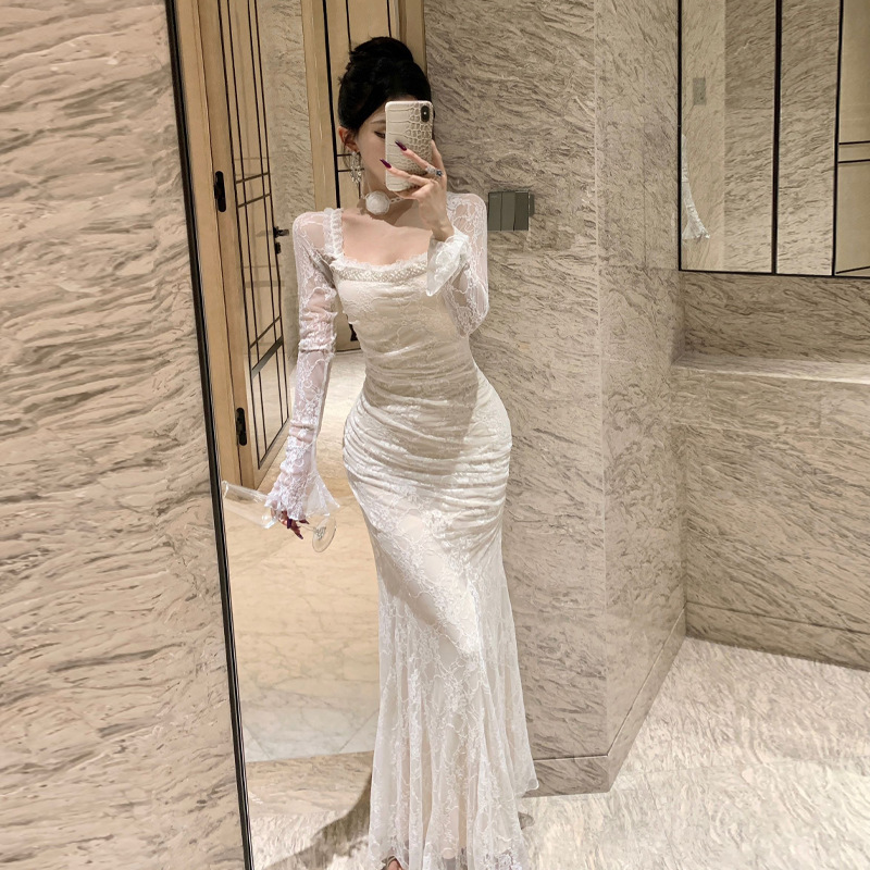 1636 유럽과 미국 국경 대외 무역 여성 의류 도매 섹시한 하이 엔드 센스 스퀘어 칼라 레이스 체인 저녁 원피스 원피스