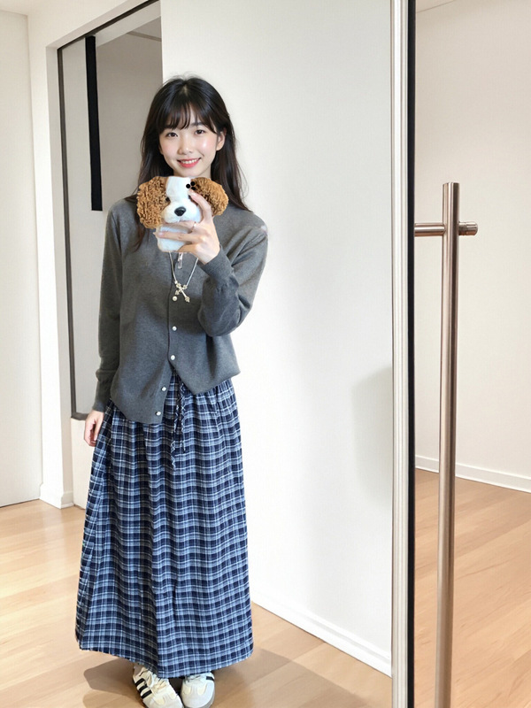 松紧腰格纹A字裙女2025秋季新款高腰抽绳百搭显瘦休闲抽绳半身裙|undefined