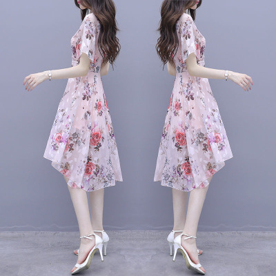 in stock Supply Women's Summer New Summer Fairy Mori Irregular Slim-Fit Printed Ice Silk dress pink