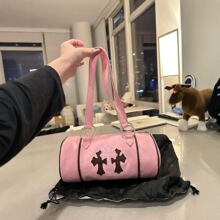 克罗*同款撞色十字架头层牛皮高尔夫包全智贤款单肩圆筒包水桶包