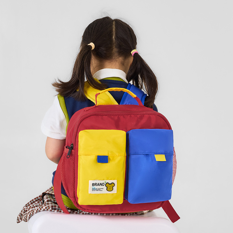 Jardín de infantes, mochila de niños de clase media y pequeña, caricatura, oso, color contrastante, empalme, mochila para niños, nueva mochila para niños