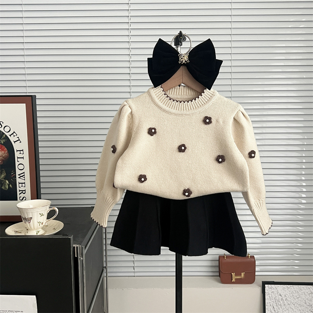 Gonna maglione nuova autunno/inverno 2024, testa lavorata a maglia per bambini, gonna principessa con fiori fatta a mano per bambine, due pezzi_voghion.com